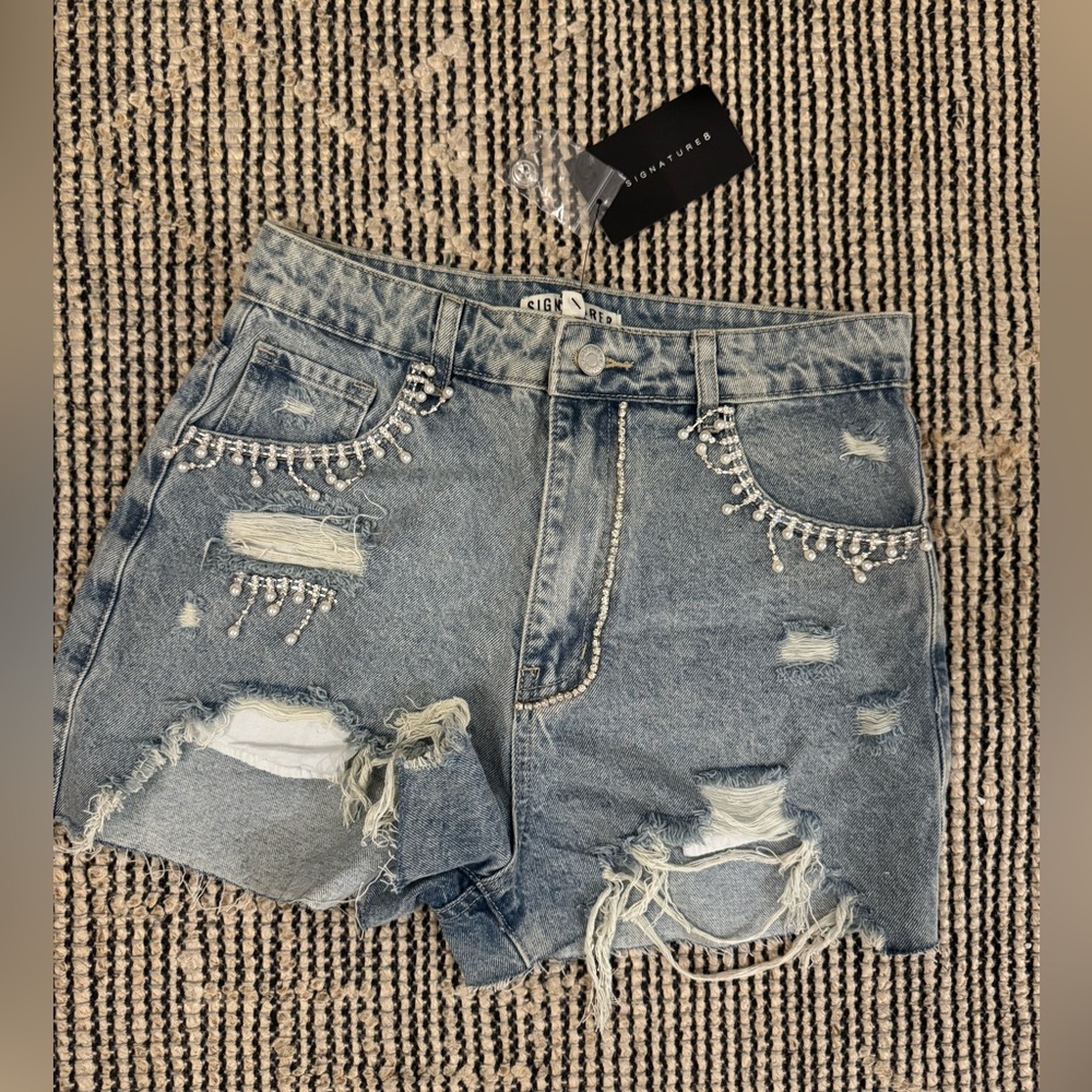Signature8 Blue Jean Shorts with Rhinestone & Pearl Details